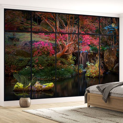 Papier peint panoramique Trompe l'oeil Verrière - Lac et forêt - 340 cm x 215 cm (1/5)