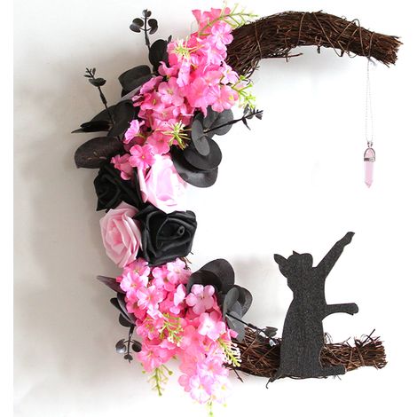 Couronne d'Halloween avec chaton, lune et glycine, décoration festive à suspendre à la porte, branches sèches. (1/2)