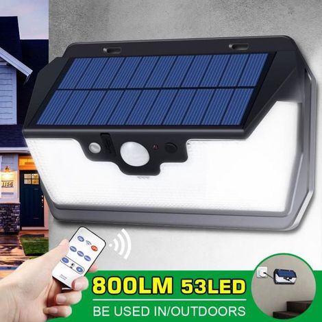 1 Applique extérieure, LED solaire 53 pcs, 800 lm, IP65, capteur PIR 120°, charge solaire/USB, télécommande incluse, éclairage jardin (1/4)