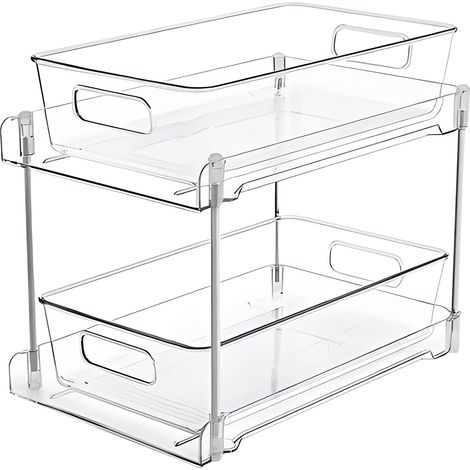 Lot de 2 tiroirs coulissants transparents à double niveau pour évier, avec plateau, égouttoir, porte-épices, poignée et pieds antidérapants. Organiseur de rangement multifonctionnel à double niveau av (1/4)
