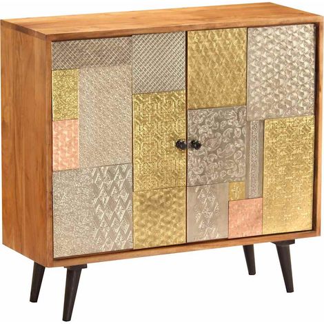 Buffet 80 x 30 x 75 cm en bois d’acacia massif, 2 portes, finition miel - PANGIVO (1/5)