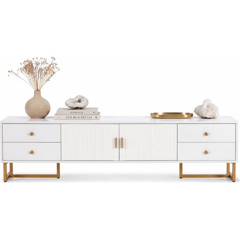 Mobile TV basso moderno in MDF bianco da 175 cm con 4 cassetti, 2 ante, vano centrale e piedi dorati, design testurizzato per soggiorno elegante CHICFURN (1/5)