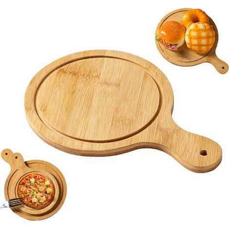 2 pièces - Plateau à pizza en bambou 17 cm - Planche de service ronde avec poignée - Plateau à apéritifs - Plateau à fromages et amuse-gueules (1/5)
