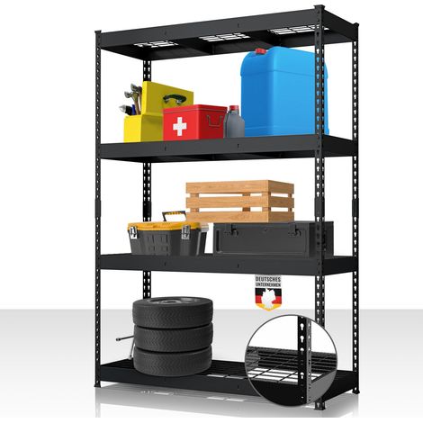 Étagère pour charges lourdes en acier avec tablettes grillagées Noir 180 x 120 x 60 cm, 4 étages, Charge maximale : 1400kg