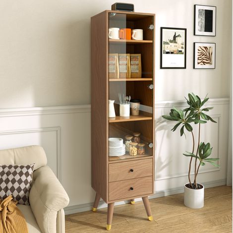 Vitrinenschrank mit Glastür, verstellbaren Regalböden, 2 Schubladen, Push to Open, MDF in Holzfarbe (1/5)