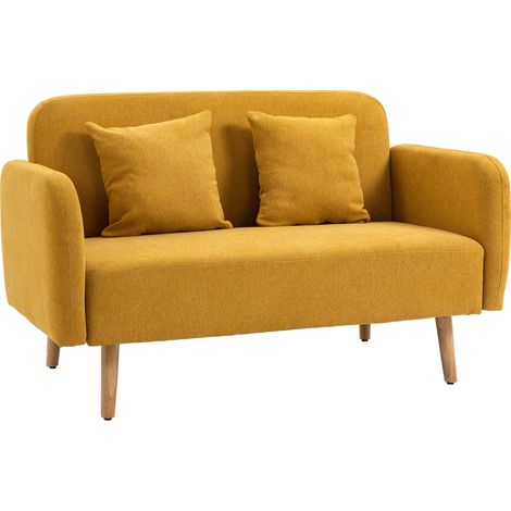 Sofá de 2 plazas con 2 cojines, poliéster y espuma, 130 x 70 x 80 cm, natural y amarillo (1/5)