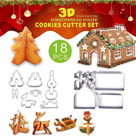 18pcs Gingerbread House Baking Mold 3D Three-dimensional Cookie Mold Christmas Stainless Steel High Point Baking Mold with Gift Box