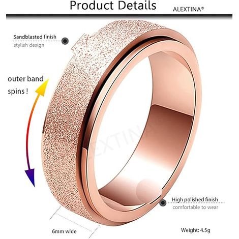 Bague anti-anxiété pour femmes et hommes - Anneaux rotatifs en acier inoxydable de 6 et 8 mm pour soulager l'anxiété - Convient aux femmes et aux enfants - Finition argentée, or rose, arc-en-ciel et s (1/4)