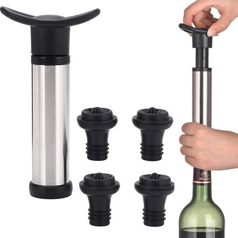Bouchon De Bouteille De Vin Pompe À Vide En Acier Inoxydable 2 In1 Verseur De Vin Avec Bouchon De Bouteille Pompe À Vide À Vin Avec 4 Bouchons De Conservation De Vin Accessoires De Vin (Noir) (1/5)