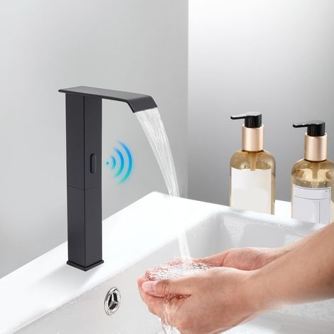 Hoch Infrarot Sensor Wasserfall Wasserhahn Armatur aus Messing, Automatische Waschbeckenarmatur mit Einstellbares Temperaturventil, Berührungslose Mischbatterie Waschtischarmatur (Schwarz) (1/5)