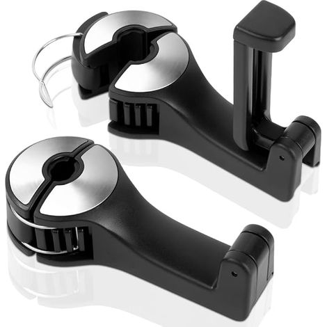 Auto Kopfstützen Haken, 2 Stück 2 in 1 Autositzhaken mit Handyhalterung 360° Versteckter Haken Drehbar Einstellbar Multifunktionaler Auto Haken Auto Kopfstütze Handyhalter für Autozubehör Silber (1/5)