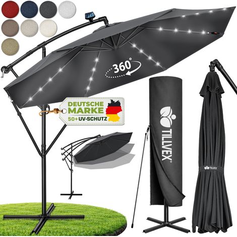Tillvex – Parasol déporté LED solaire 300 cm – Aluminium imperméable – Protection UV 50+ – Manivelle et interrupteur marche/arrêt (1/5)