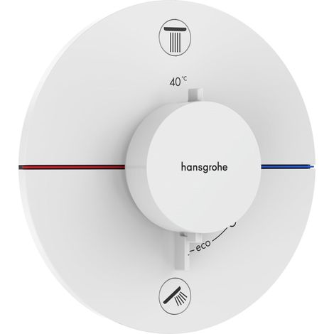 Mitigeur thermostatique, Robinet encastré avec arrêt de sécurité à 40°C, Thermostat rond, 2 sorties, Blanc mat (1/5)