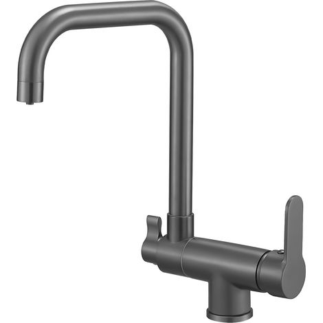 Robinet de cuisine 3 voies - Fenêtre avant - Pliable - Avec démarrage à froid - Mitigeur 3 en 1 pour filtre à eau - Rotatif à 360° - Avec 2 leviers - Gris (1/5)