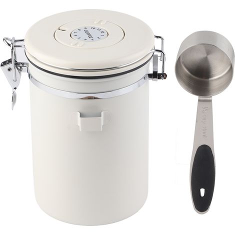 Boîte à café hermétique en acier inoxydable 304, 1,8 L, avec cuillère intégrée, blanc crème. (1/5)