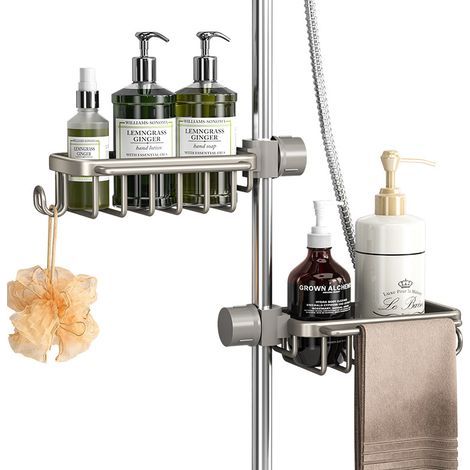 Bathroom storage shelf, shower bar support, no drilling required, fits 1.8-2.8 cm round pipes. (1/5)