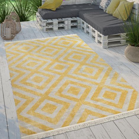 Paco Home Tappeto Per Esterno Terrazzo Balcone Tappeto Cucina Moderno Rombi Design Con Frange 60x100 cm, Giallo-Bianco