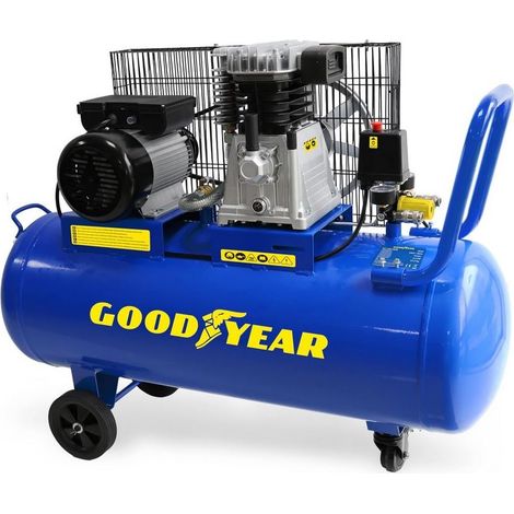 Compresseur d'air 100L 10 bars 2250W à courroie – Débit 350L/min – Moteur 3CV – Système anti-vibration et roues de transport – Goodyear