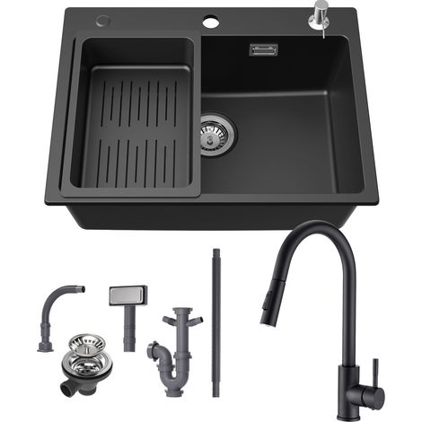 Lavello in granito 60×45 cm + miscelatore cucina estraibile (altezza 410 mm), lavello da appoggio con cestello scolapiatti e dispenser di sapone (1/5)