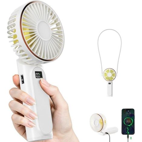 Tragbarer Handventilator, Mini-Faltventilator (180°), LCD-Display, extrem leise, 4000 mAh, mit Trageschlaufe – Weiß