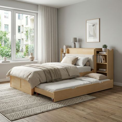 Lit 90x200cm avec lit d'appoint gigogne, lit multifonctionnel pour étudier et dormir, tête de lit rembourrée, prise européenne et port USB, rangements pour enfants et adultes (1/5)