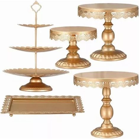 Ensemble de 5 présentoirs à gâteaux en métal doré, pour cupcakes et autres fêtes (mariage, anniversaire, baby shower). (1/5)