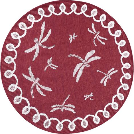 Terrace Dragonfly Flatweave Outdoor Indoor Bordered Circle Bordeaux Rug in 160 x 160 cm (5'3''x5'3'') Round