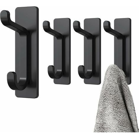 Adhesive Wall Hook, Bathroom Towel Rack, Kitchen Dishcloth Hook, Adhesive Coat Rack, No Drilling Required Wall Mount, Waterproof, Rustproof, Black, 4 Pieces (1/5)