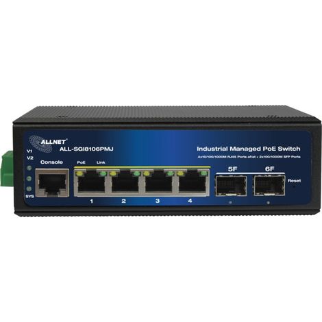 Allnet Conmutador industrial totalmente gestionado de capa 2+, 6 puertos GbE, Presupuesto PoE de 120 W, 4 PoE+, 2 SFP (1/4)