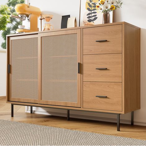 Credenza 140x37x91 cm naturale in truciolare con ante scorrevoli, 3 cassetti, ripiani regolabili e sistema antiribaltamento (1/5)