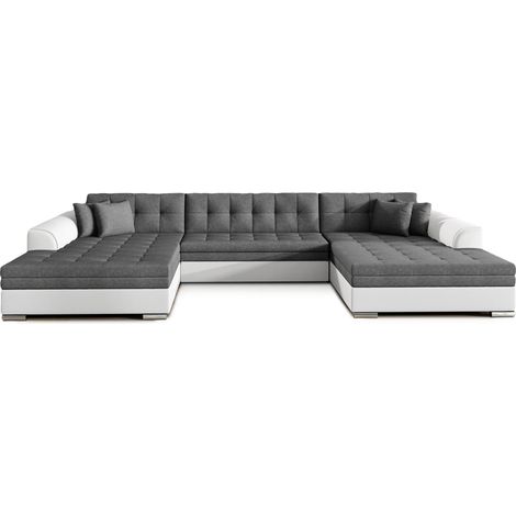 Canapé panoramique convertible 355 cm – Tissu gris foncé et simili cuir blanc – Ultra confortable – Livré monté – Meubler Design
