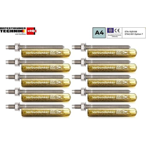 Set 10 Stk. Verbundankerpatrone M16 + Ankerstange A4 Edelstahl M16 x 190mm (1/5)