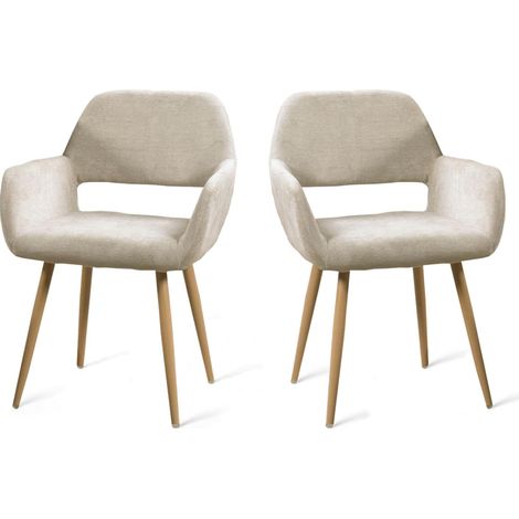Lot de 2 Fauteuil de Salon Chambre Scandinave Chaise de Canapé de Loisirs avec Accoudoirs Pied Métal Rembourré en Tissu Beige (1/5)