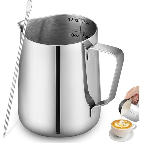 Mousseur à lait 350 ml avec stylo Latte Art, carafe à lait en acier inoxydable pour machine à café et barista, ensemble pour latte art, cappuccino, usage domestique (1/5)