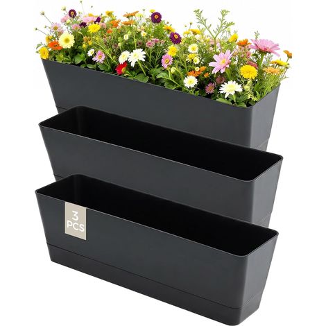 Lot de 3 Jardinières Rectangulaires 42x12 cm en Plastique avec Drainage, pour Balcon, Intérieur et Déco de Table, Noir (1/5)