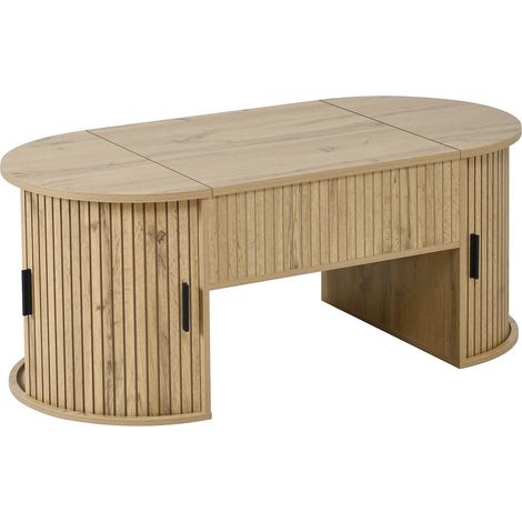 Ovaler höhenverstellbarer Couchtisch aus MDF in Eichenoptik mit Stauraum und Schiebetüren (1/5)