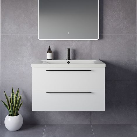Napoli 460 Gloss White 800mm Wall Mounted 2 Drawer Vanity Unit with Glide Basin - 800mm - Matt Black 480mm Handle