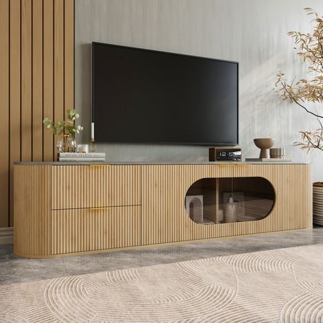 REDOM - Mobile TV 172x38x45.5 cm, ante 3D verticali, vetrina ovale in vetro grigio, MDF e vetro, naturale (1/5)