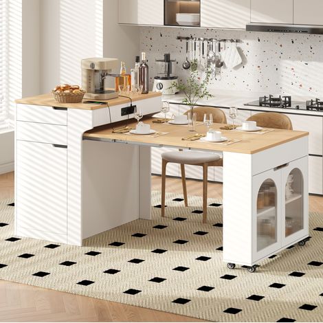 Isla de cocina extensible 55-153 x 80 x 93 cm de MDF blanco con almacenaje FloraGrace (1/5)