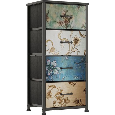 Stoffkommode mit 4 Schubladen, Metallrahmen, Vintage Blumenmuster, 30x40x80 cm (1/5)