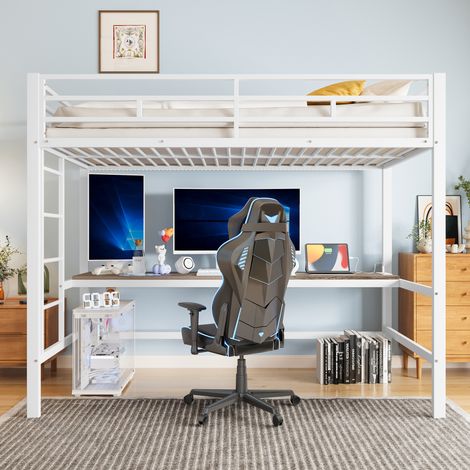 Lit mezzanine enfant 90x200 cm avec bureau, LED multicolore contrôlée par APP, USB Type-C et prise électrique, garde-corps avec escalier, métal Blanc (1/5)