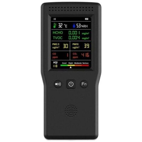 Green Mobility-Moniteur de qualité de l'air 9-en-1 : CO2, CO, PM2.5, HCHO, TVOC, température, humidité, écran LCD pour la qualité de l'air intérieur - Noir (1/4)