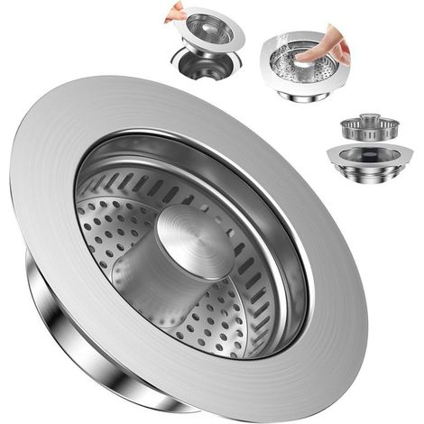 Filtre d'évier de cuisine et bouchon de lavabo pour une profondeur 40 mm, trou d'évier 75-86 mm, 3 en 1 Pop-Up Bouchon de vidange en acier inoxydable (1/5)