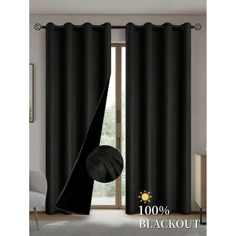 Rideau occultant noir 132 x 213 cm avec doublure isolante, idéal pour le salon, la chambre, la cuisine et la décoration intérieure. Fermeture à œillets. (1/5)