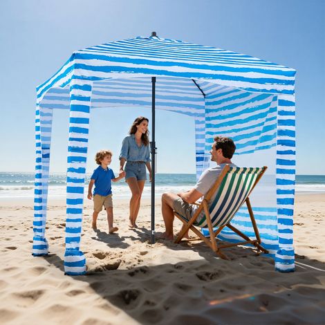 Tonnelle de Plage 1,83x1,83 m, Abri de Plage avec Parois Latérales et Poches à Sable, Tente de Camping Extérieur Portable, Protection UPF 50+, Hauteur Réglable, Ombrage Spacieux, Rayures Bleues (1/5)