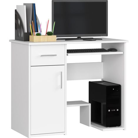 Bureau d'ordinateur AKORD JAY Blanc 90 cm 1 porte 1 tiroir façade Blanche 3 étagères 90x50x74 cm (1/5)