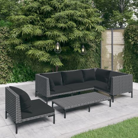 6-tlg. Garten-Lounge-Set mit Kissen Poly Rattan Dunkelgrau (1/5)