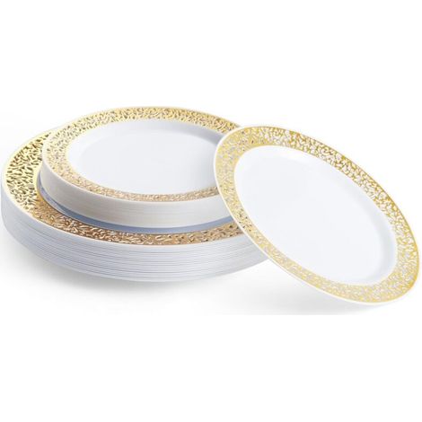 40 Assiettes en Plastique Réutilisables Blanches Premium avec Bord Doré (20 Assiettes Plates, 20 Assiettes à Dessert) - Solide et Élégant pour Mariages, Anniversaires, Fêtes (1/4)