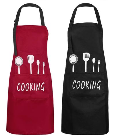 Tablier unisexe, tablier de chef imperméable avec 2 poches et sangle de cou réglable, tablier de serveur professionnel, tablier de pâtisserie, tablier de barbecue, tablier bavoir, 2 pièces (rouge et n (1/5)