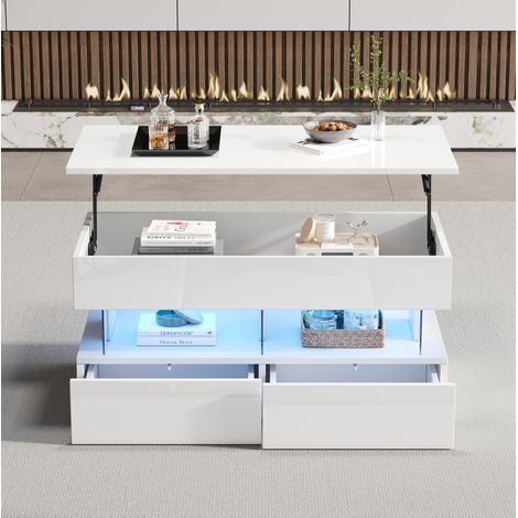 Tavolino sollevabile 100 x 50 x 46 cm con vano nascosto, 2 cassetti, LED, bianco DESVIAE (1/5)